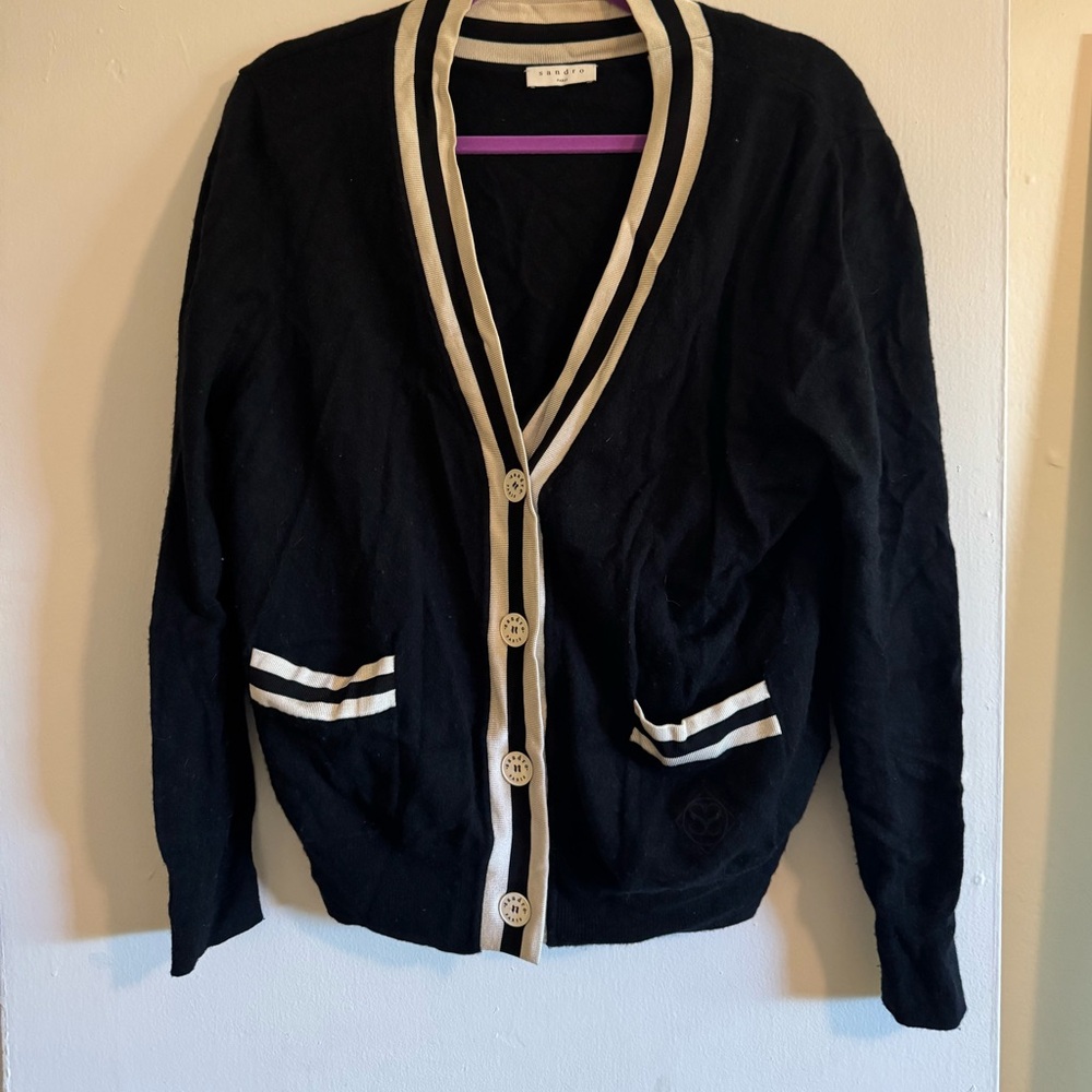 Sandro Black Cardigan with White Trim
